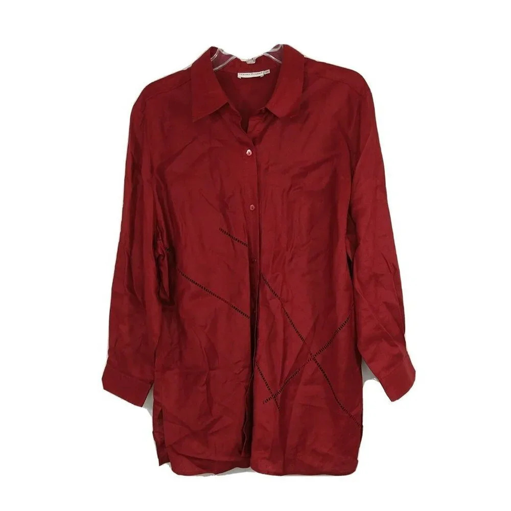 Gerard Pasquier Button Up Linen Flax Shirt Women Size 48 L Red Long Sleeve